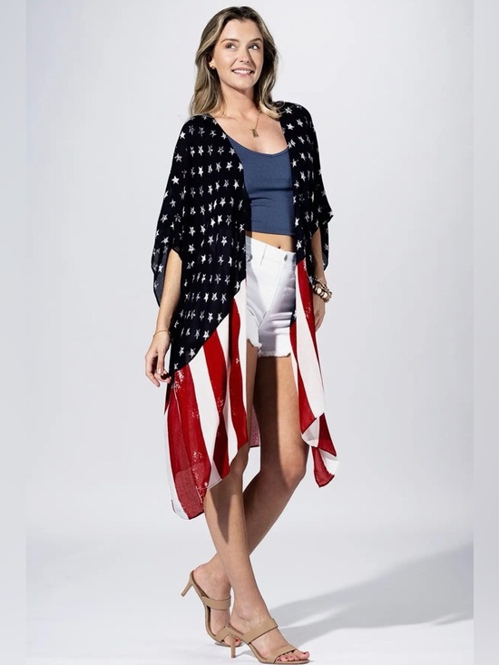Tops - Patriotic American Flag Swim Cover-Up Kimono Navy, Red & White